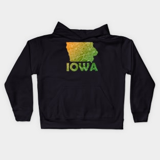 Colorful mandala art map of Iowa with text in green and orange Kids Hoodie